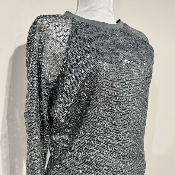 DKNY NWT Sequin Mesh Overlay Crewneck Top Gunmetal Grey Small Dolman Sleeves - Picture 4 of 16